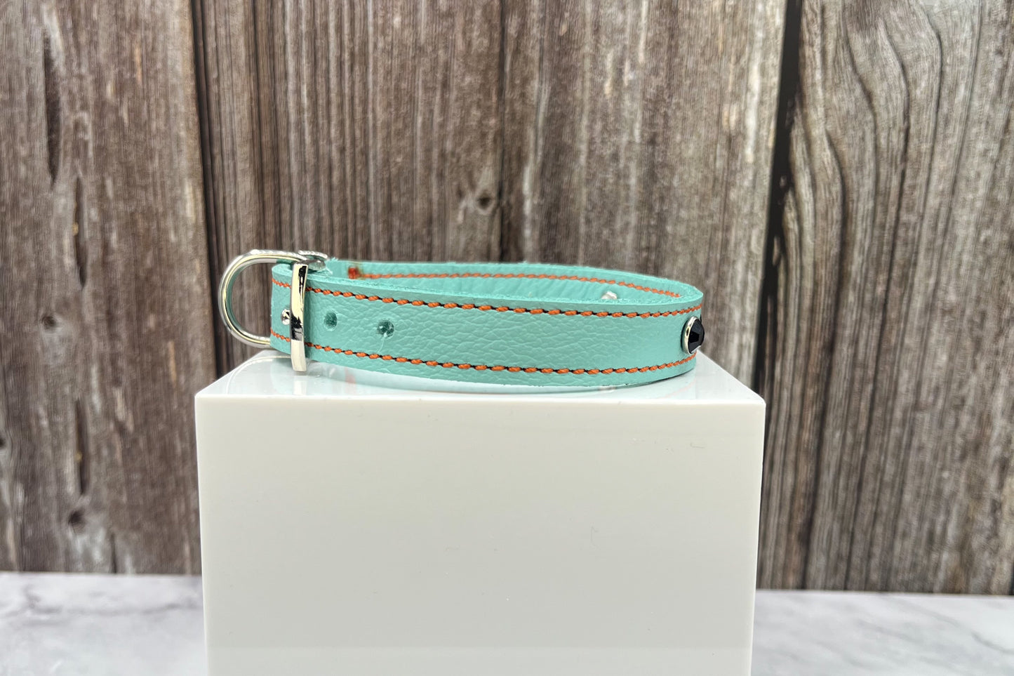 Aqua Green Leather Collar with Black Gem Rivets