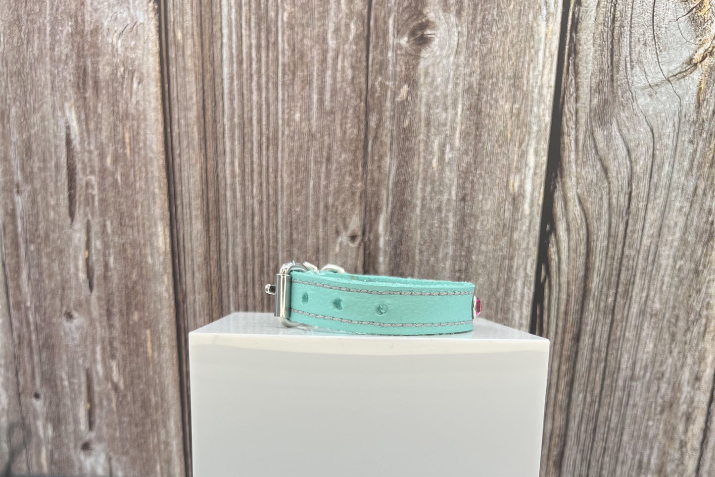 Aqua Green Leather Collar with Hot Pink gem rivets