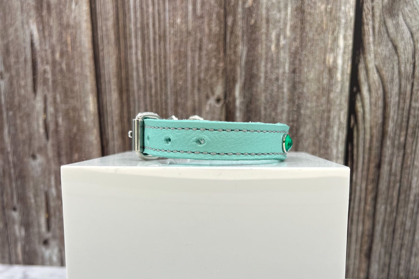 Aqua Green Leather Collar with Jade Green gem rivets