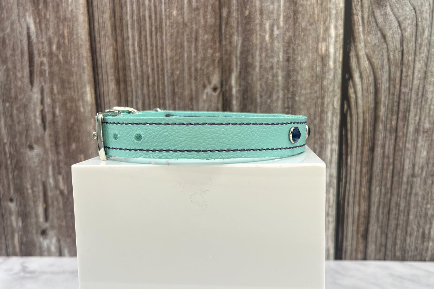 Aqua Green Leather Collar with Midnight Blue Gem Rivets
