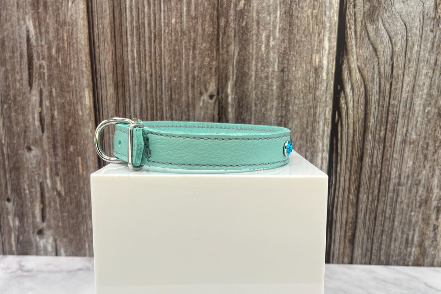 Aqua Green Leather Collar with Turquoise Gem Rivets