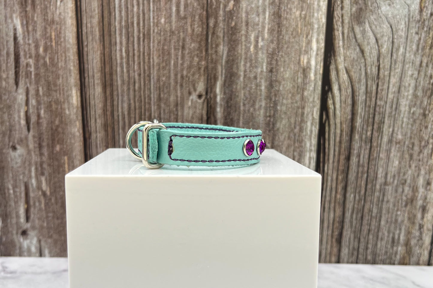 Extra Small Aqua Green Leather Collar with Violet gem rivets