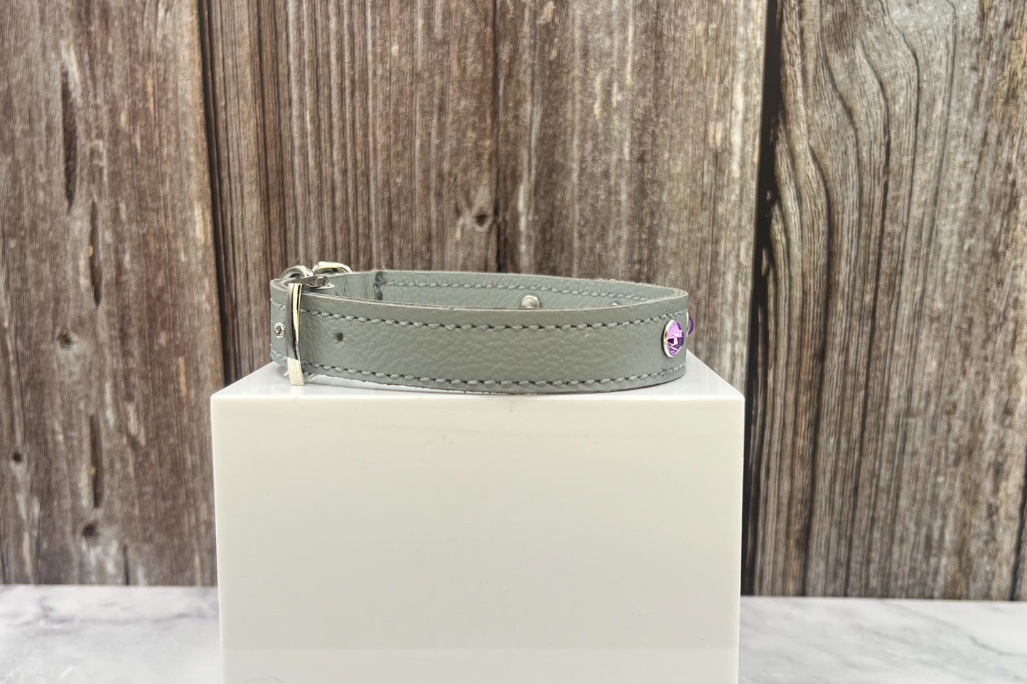 Grey Leather Collar with Lilac Gem Rivets