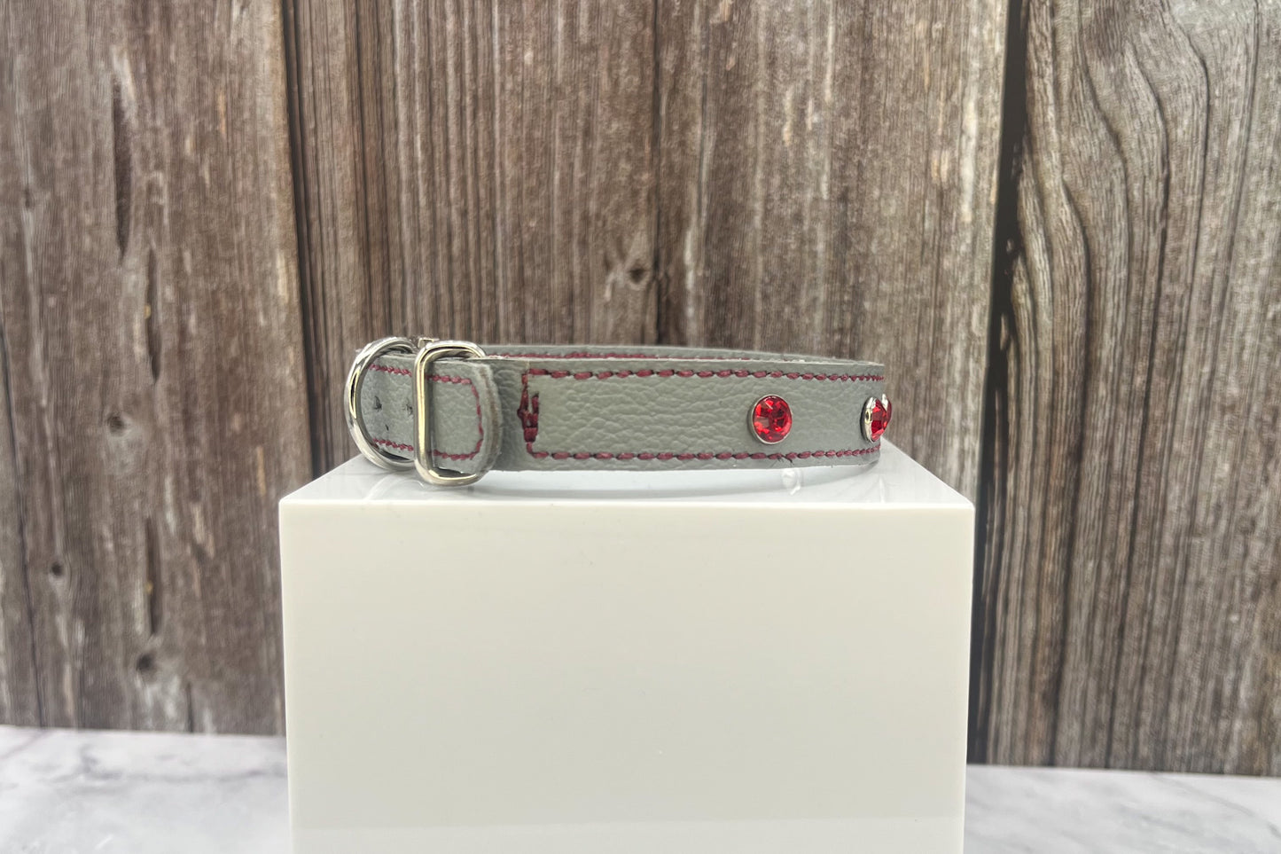 Grey Leather Collar wtih Red Gem Rivets