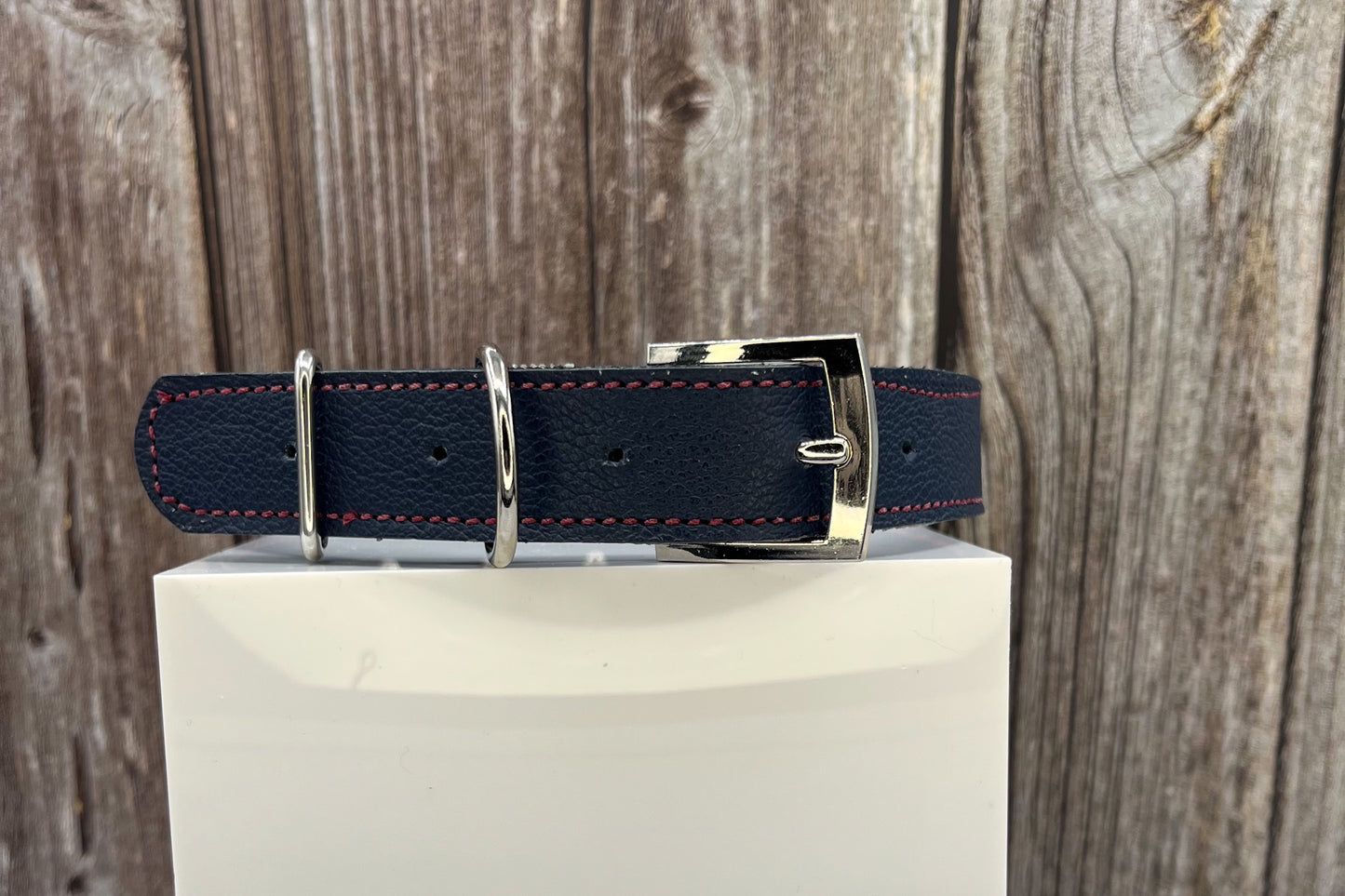 Large Navy Blue Leather Collar with Red Gem rivets