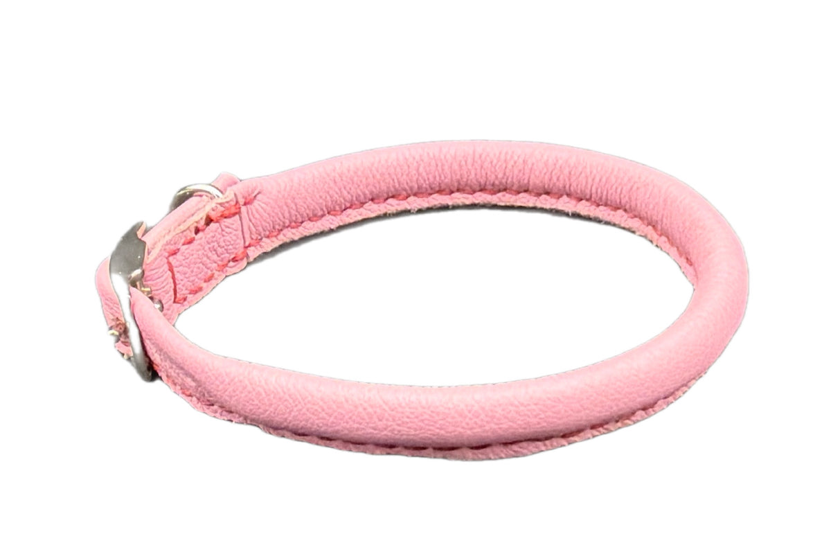 Thick Pink Leather Rolled Collar with Dark Red Stitching