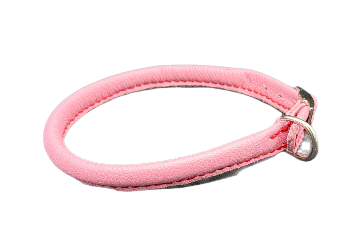 Thick Pink Leather Rolled Collar with Red Stitching