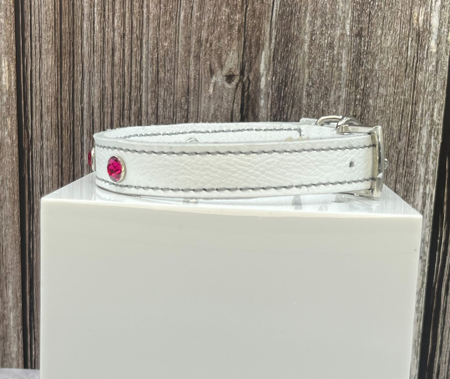 White Leather Collar with Hot Pink Rivets