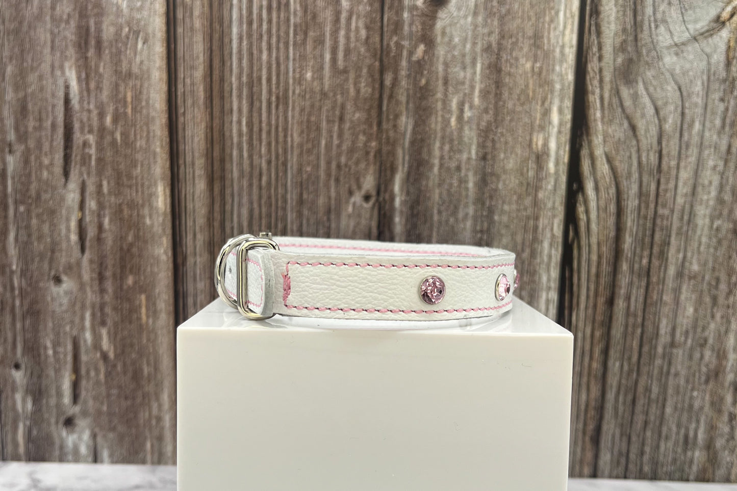 White Leather Collar with Light Pink Gem Rivets