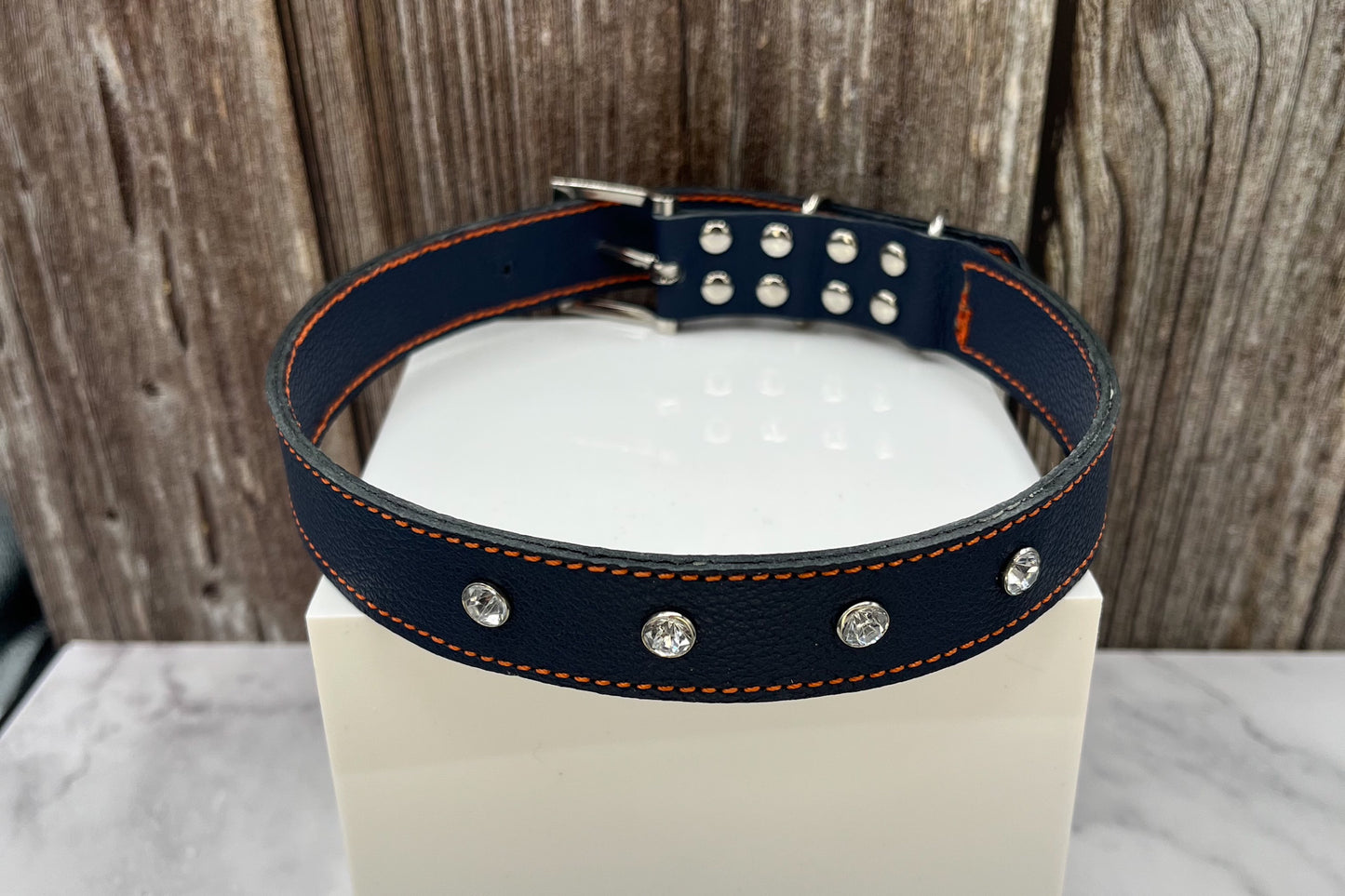 Large Navy Blue Leather Collar with Clear Gem rivets and Orange Stitching