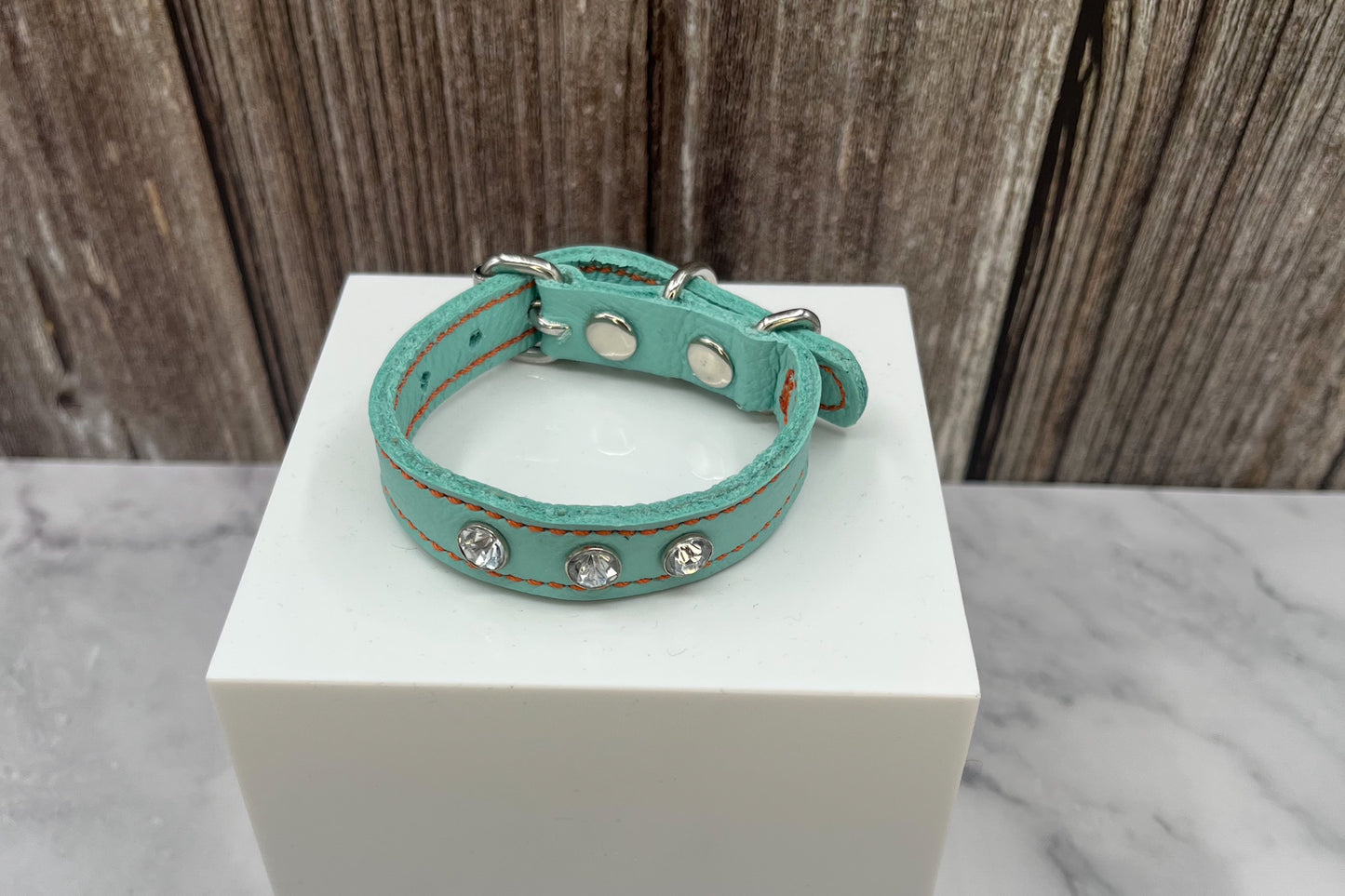 Aqua Green Leather Collar with Clear gem rivets
