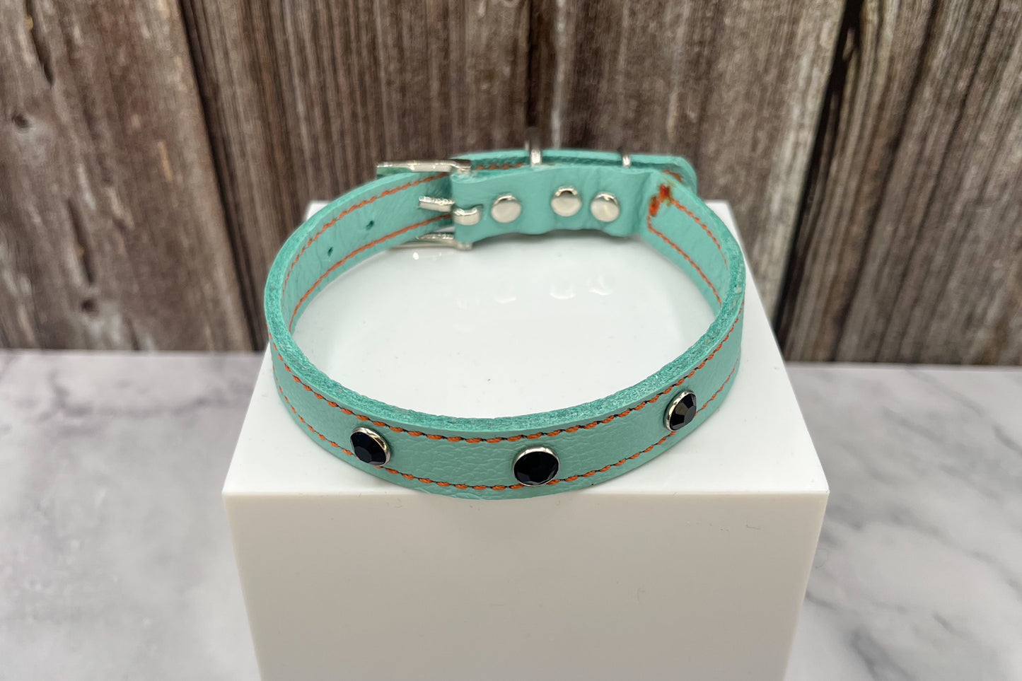 Aqua Green Leather Collar with Black Gem Rivets
