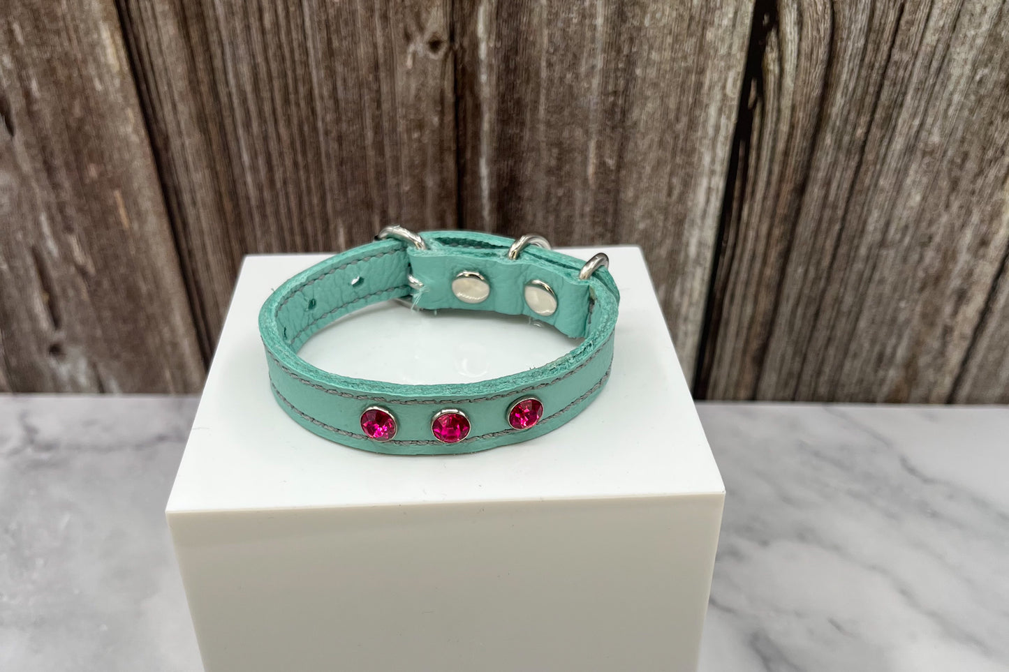 Aqua Green Leather Collar with Hot Pink gem rivets
