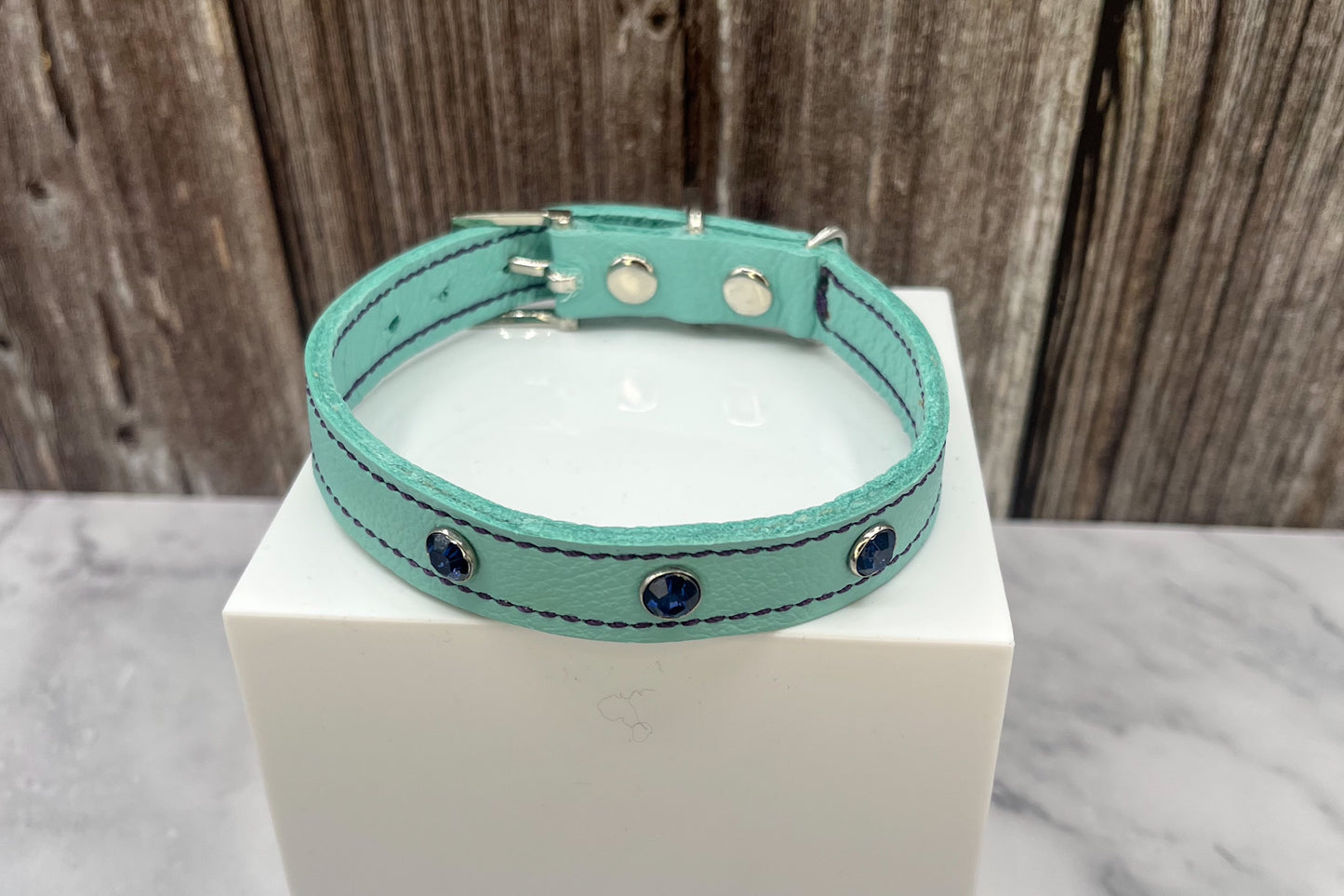 Aqua Green Leather Collar with Midnight Blue Gem Rivets