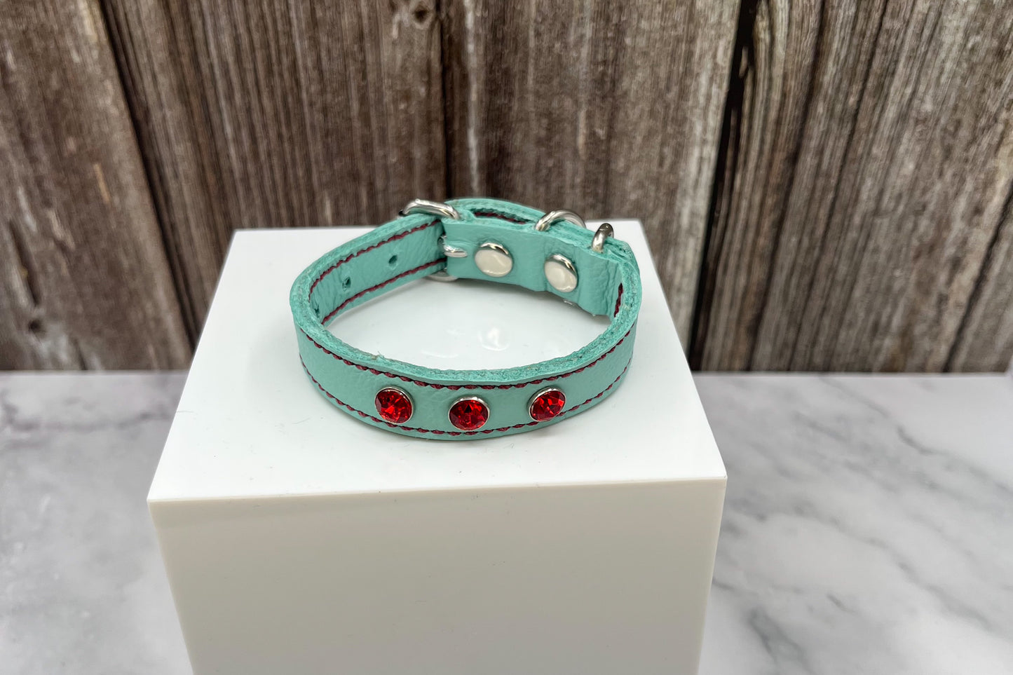 Aqua Green Leather Collar with Red gem rivets