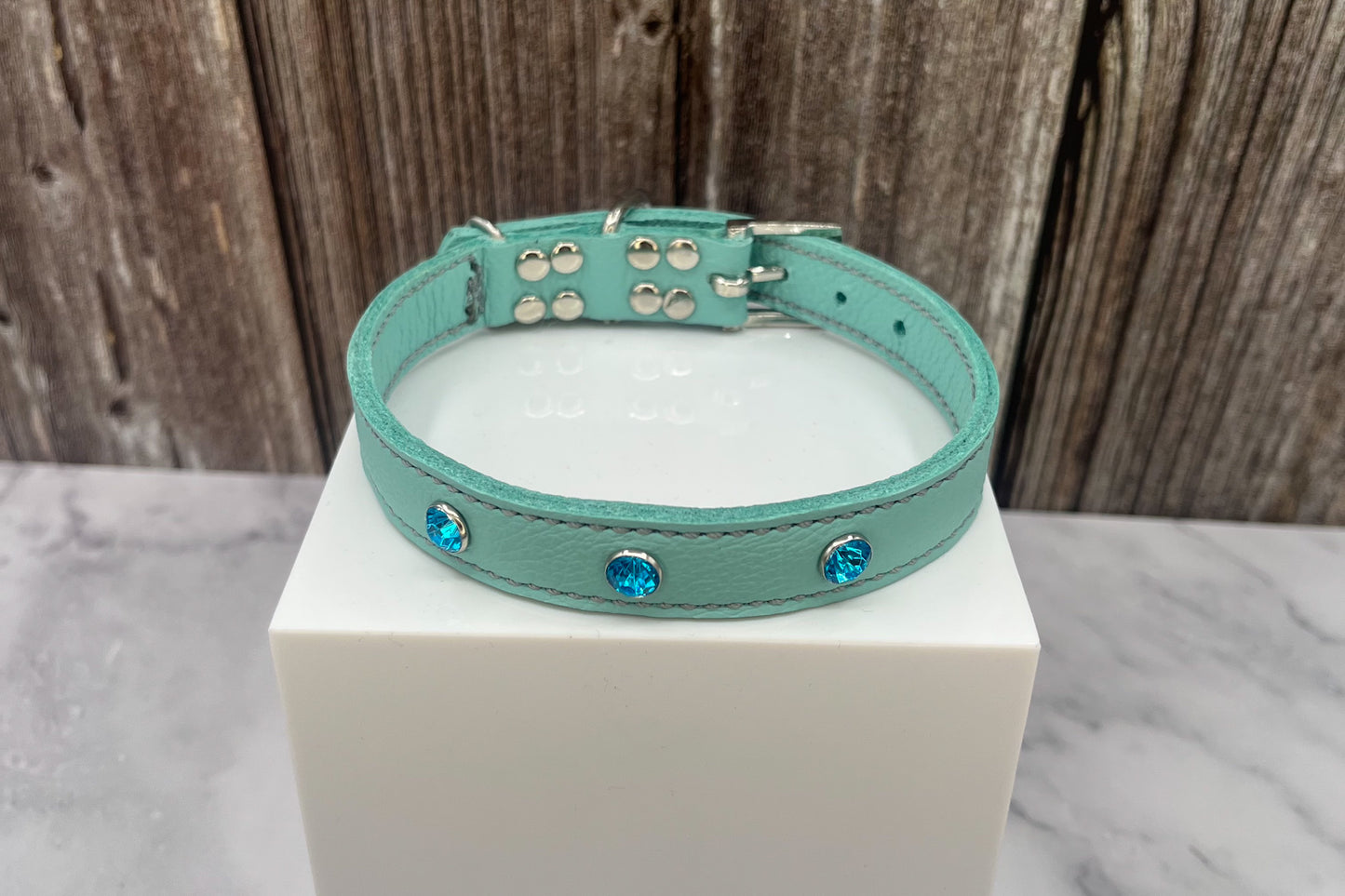 Aqua Green Leather Collar with Turquoise Gem Rivets