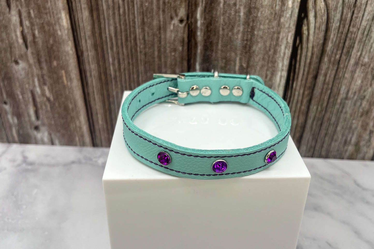 Aqua Green Leather Collar with Violet Rivets
