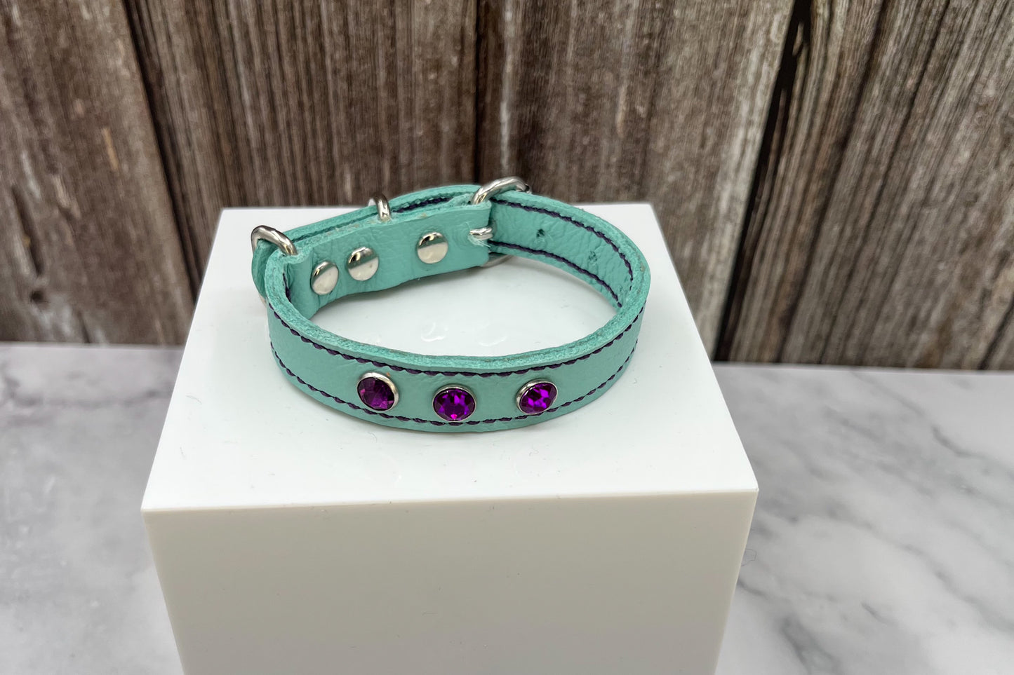 Extra Small Aqua Green Leather Collar with Violet gem rivets