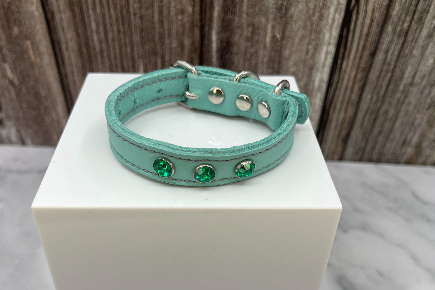Aqua Green Leather Collar with Jade Green gem rivets