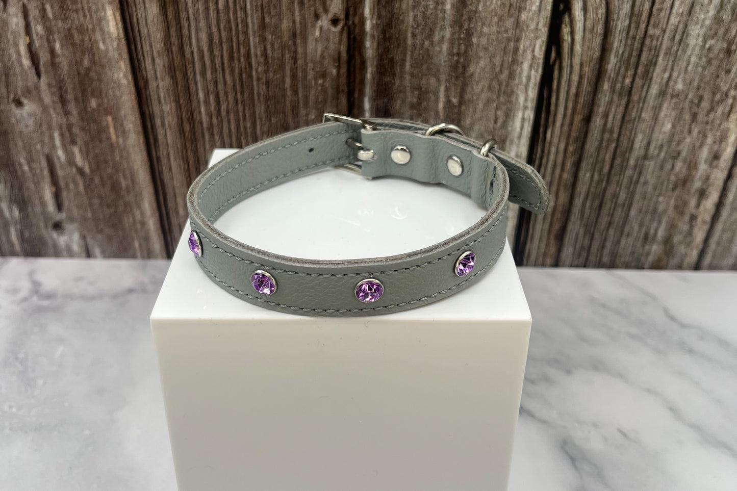 Grey Leather Collar with Lilac Gem Rivets
