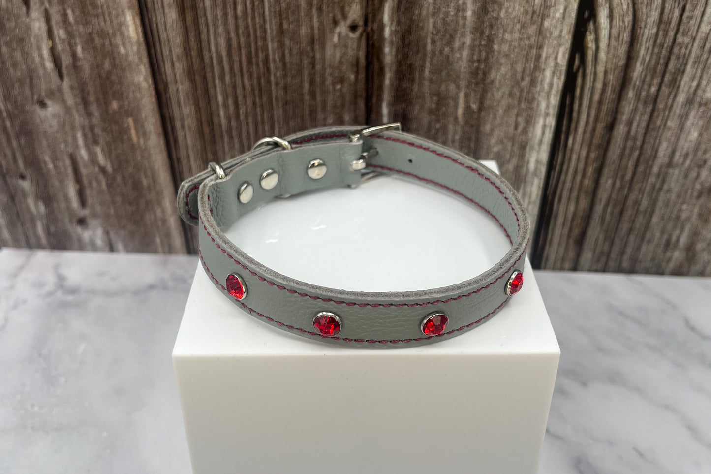 Grey Leather Collar wtih Red Gem Rivets