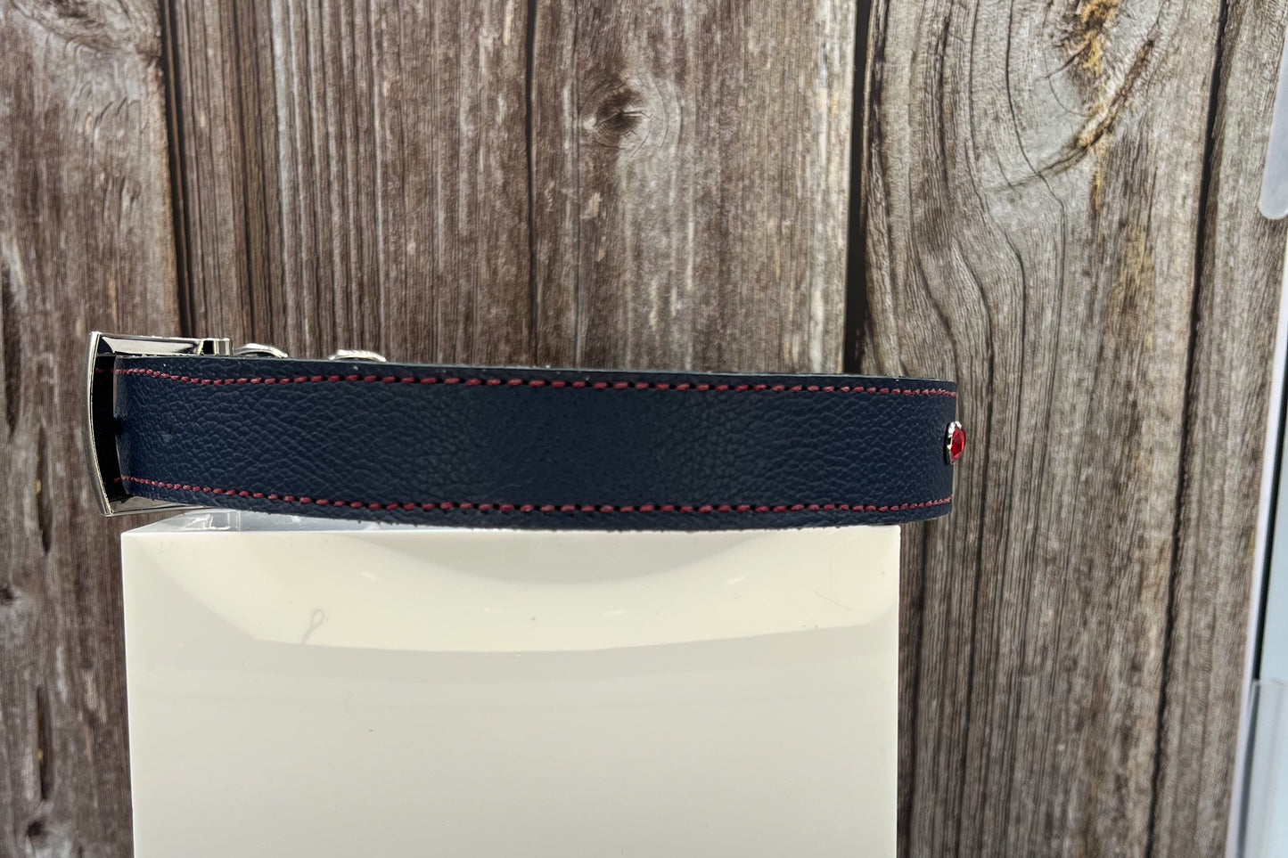 Large Navy Blue Leather Collar with Red Gem rivets