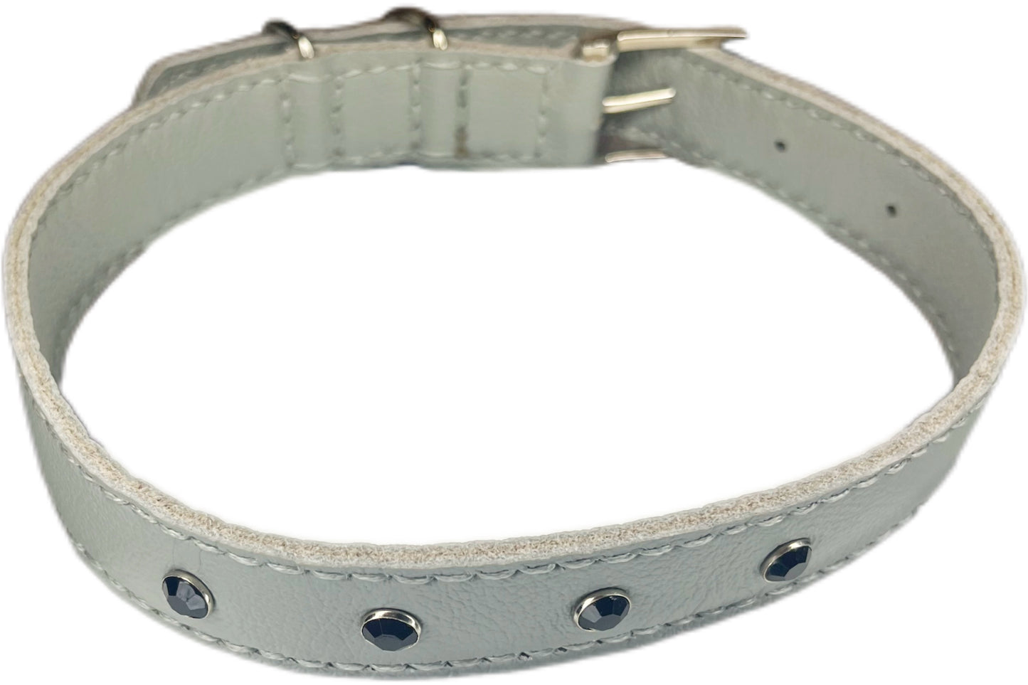 Large Grey Leather Collar with Black Diamante