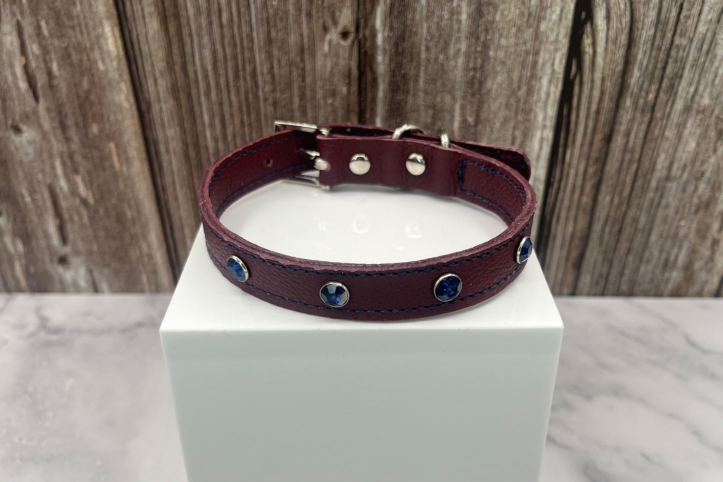 Red Leather Collar with Midnight Blue Gem Rivets