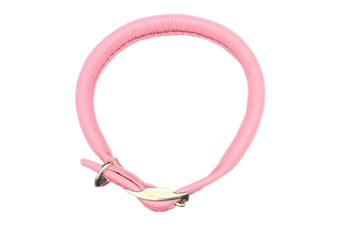 Thick Pink Leather Rolled Collar with Dark Red Stitching