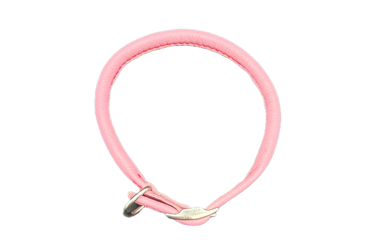 Thick Pink Leather Rolled Collar with Red Stitching