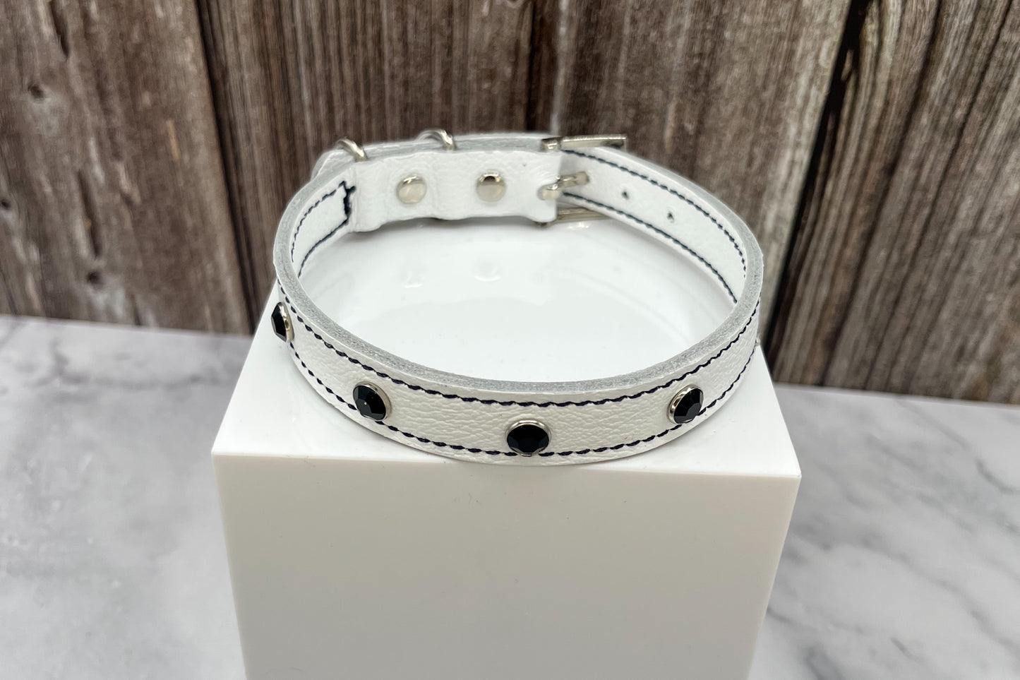 White Leather Collar with Black Rivets