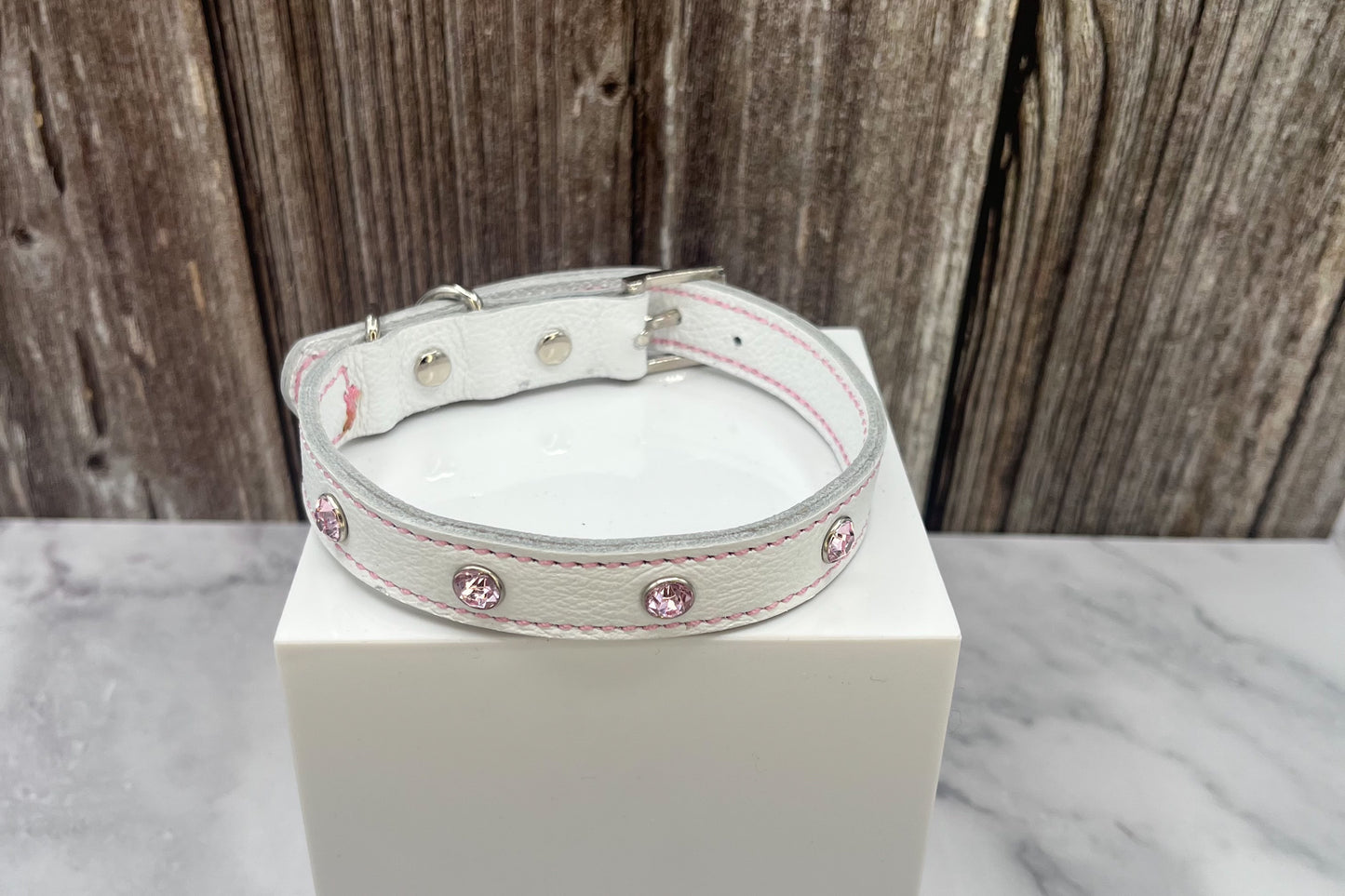 White Leather Collar with Light Pink Gem Rivets