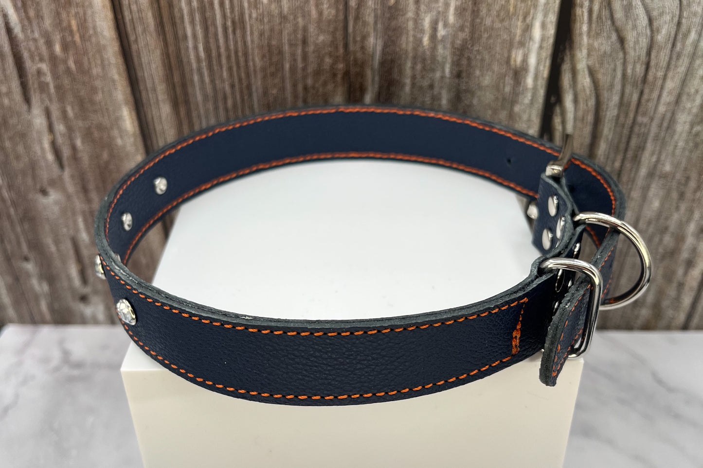 Large Navy Blue Leather Collar with Clear Gem rivets and Orange Stitching