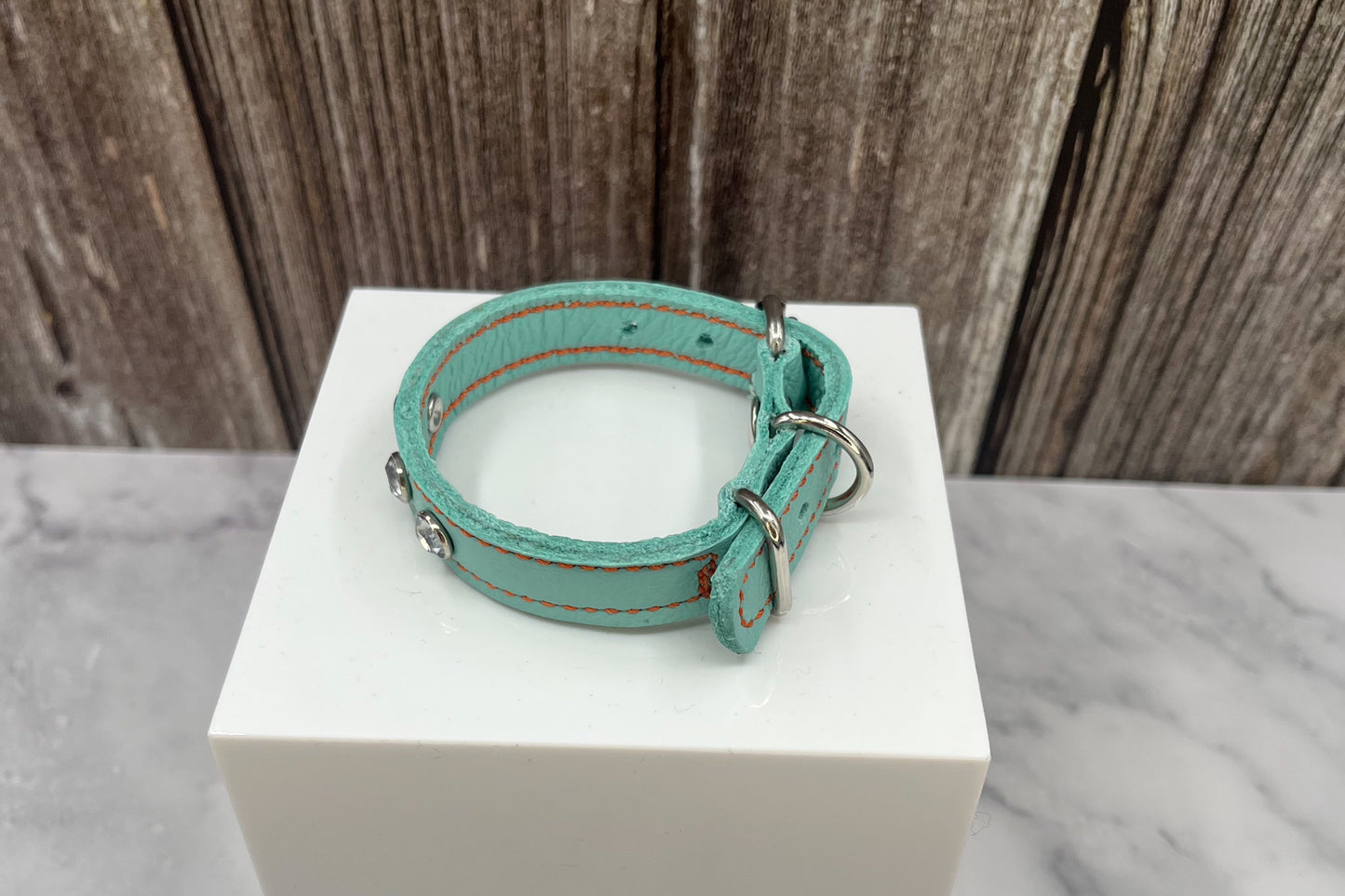 Aqua Green Leather Collar with Clear gem rivets