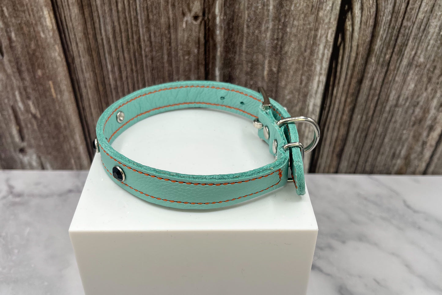 Aqua Green Leather Collar with Black Gem Rivets