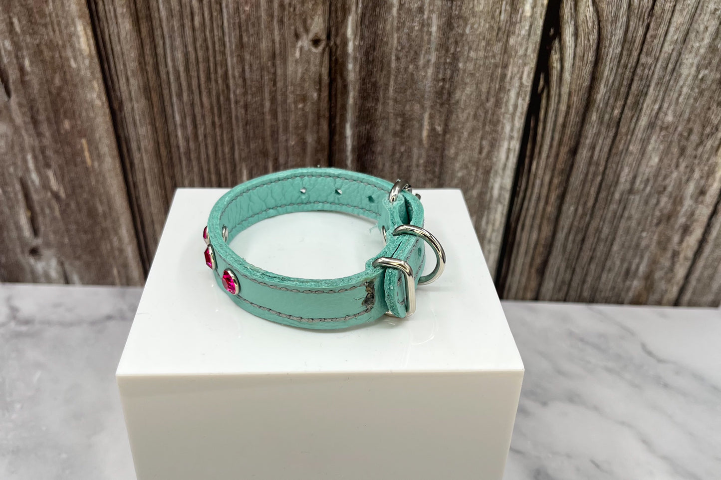 Aqua Green Leather Collar with Hot Pink gem rivets
