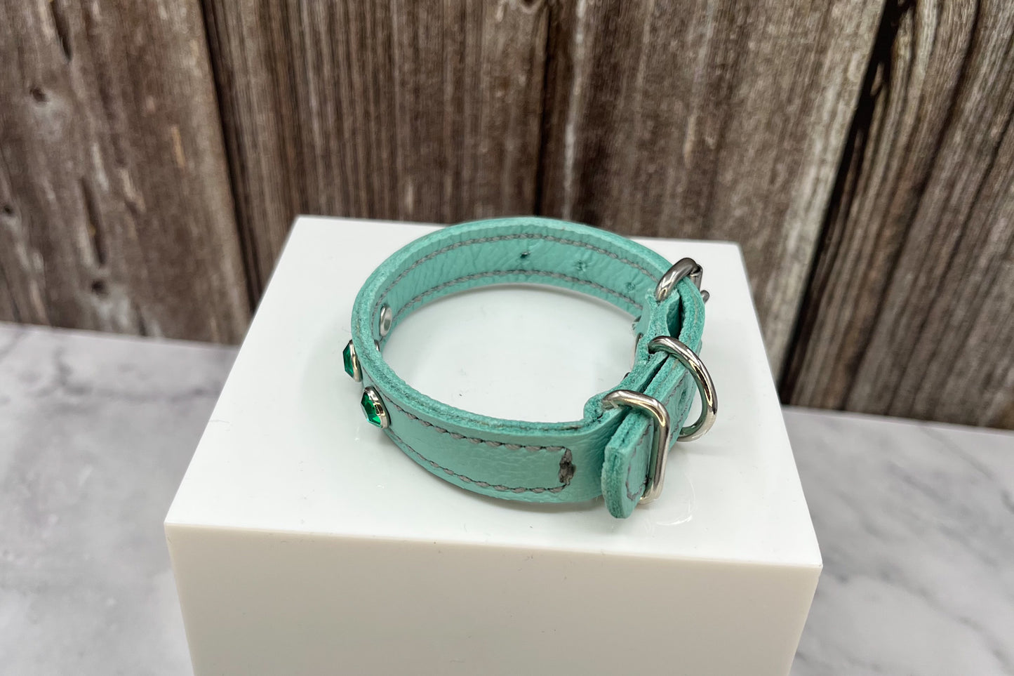 Aqua Green Leather Collar with Jade Green gem rivets