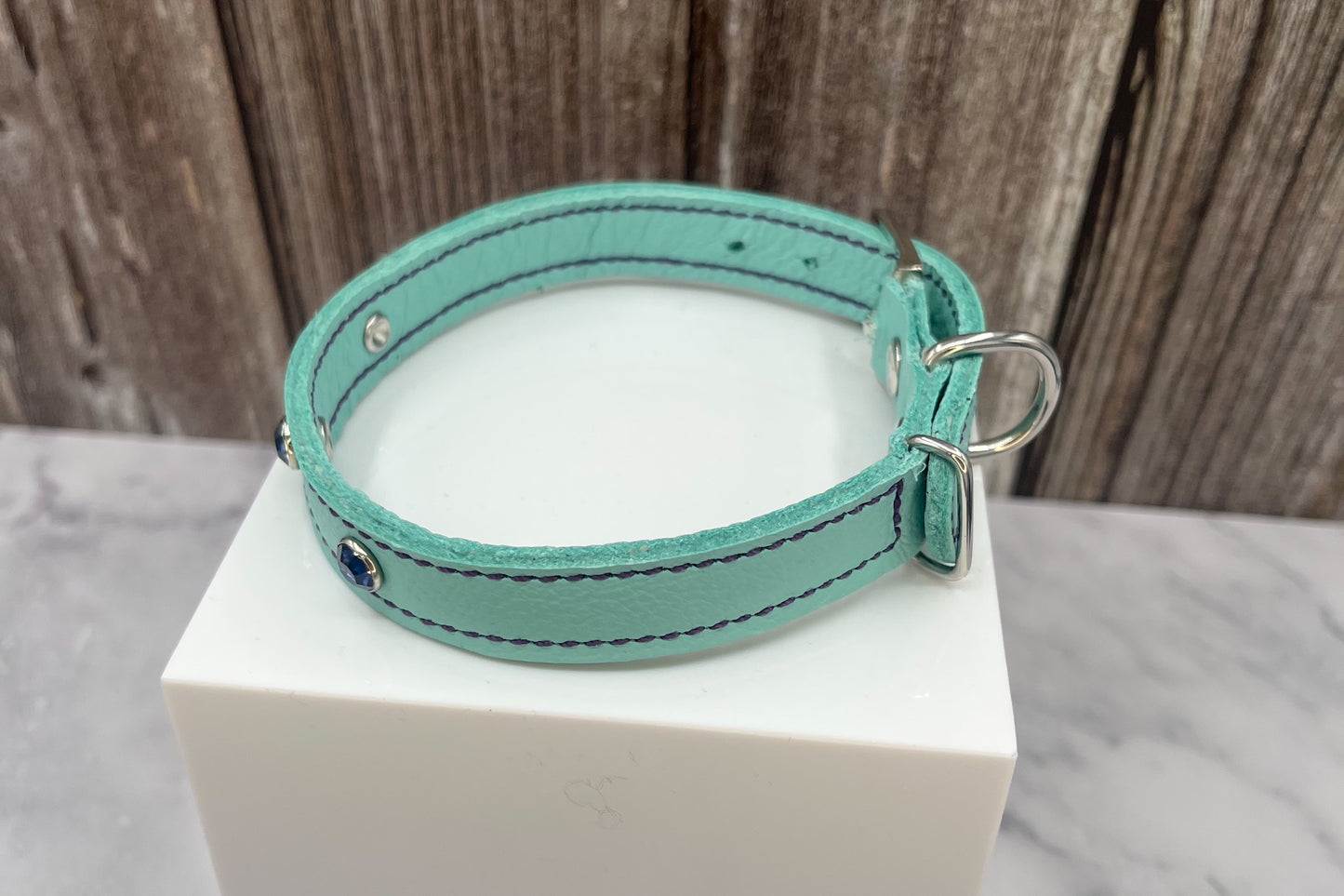 Aqua Green Leather Collar with Midnight Blue Gem Rivets