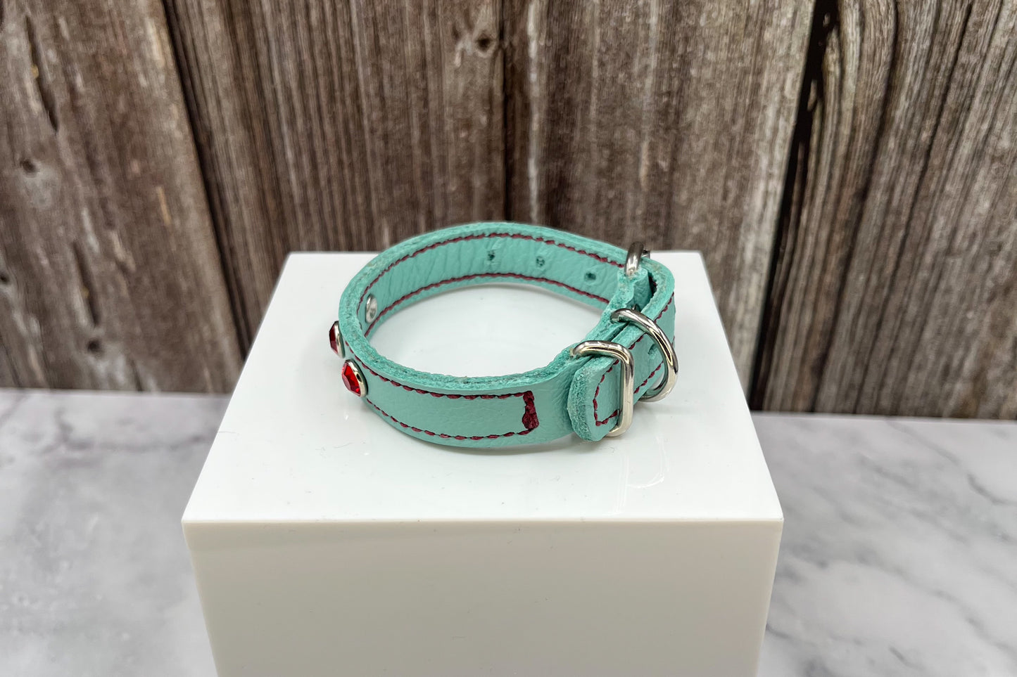 Aqua Green Leather Collar with Red gem rivets