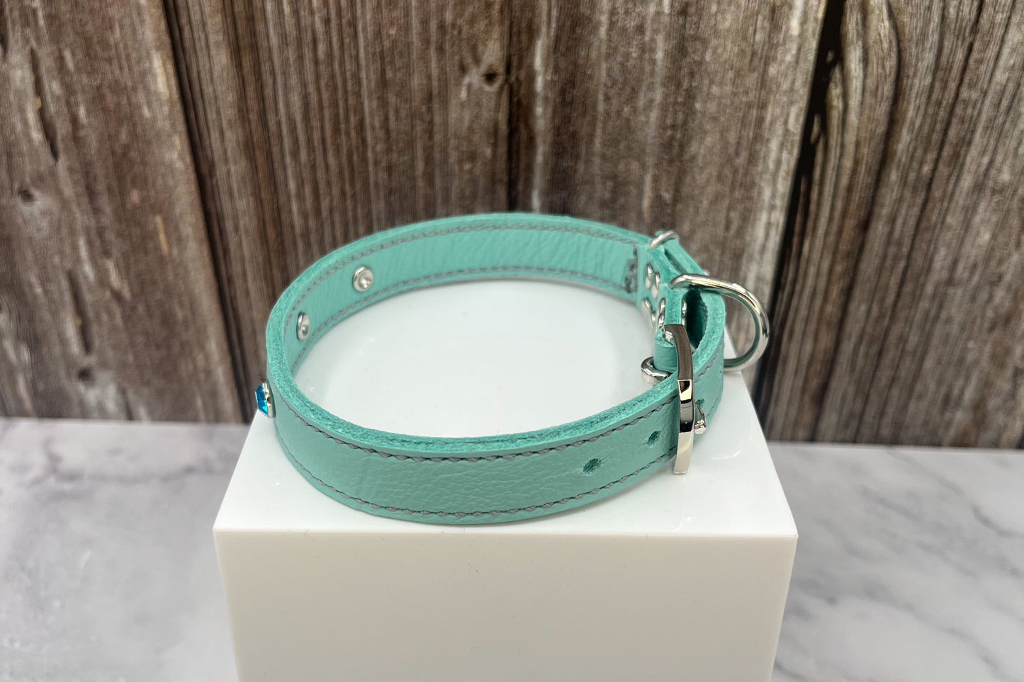 Aqua Green Leather Collar with Turquoise Gem Rivets