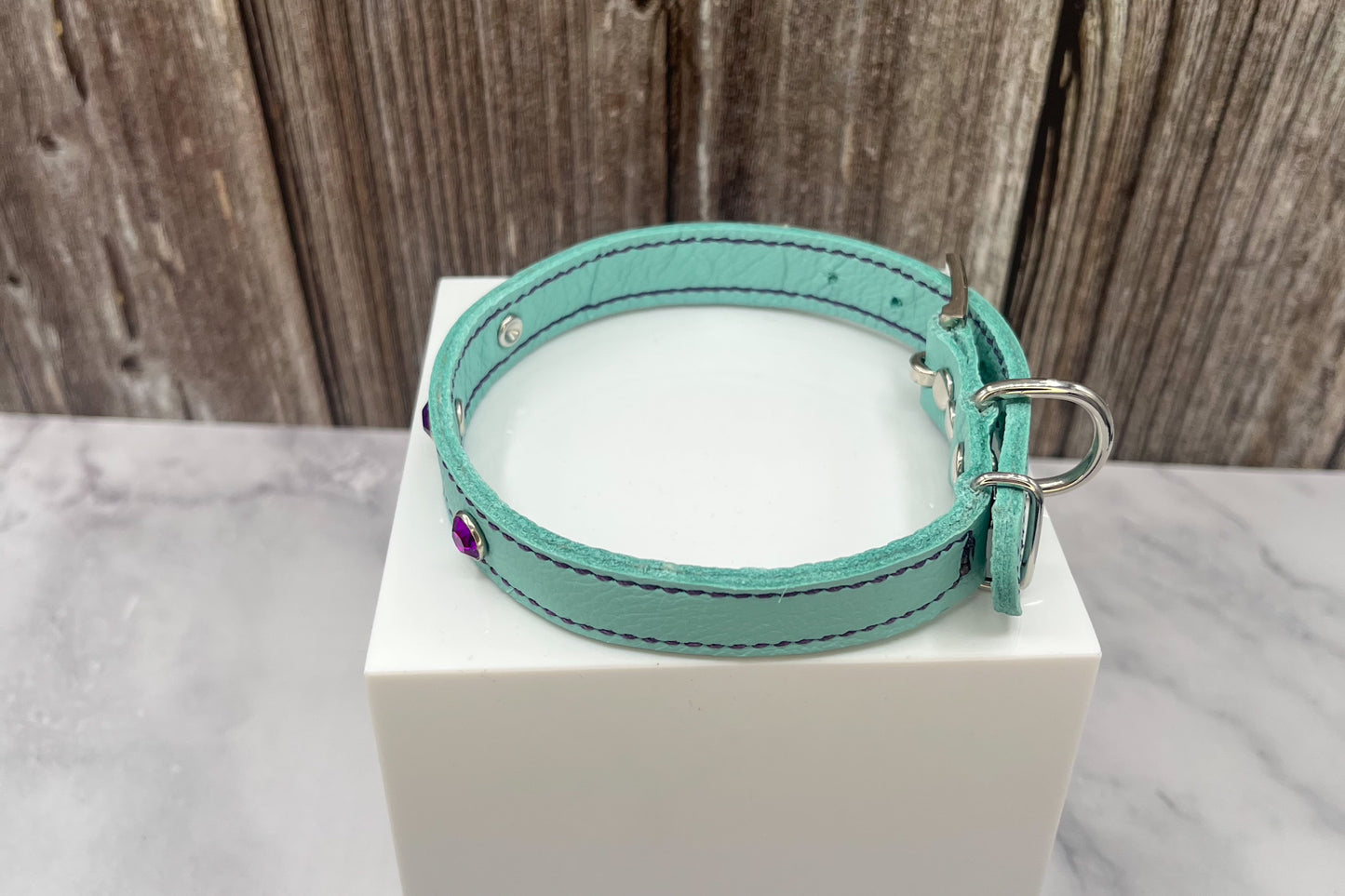 Aqua Green Leather Collar with Violet Rivets