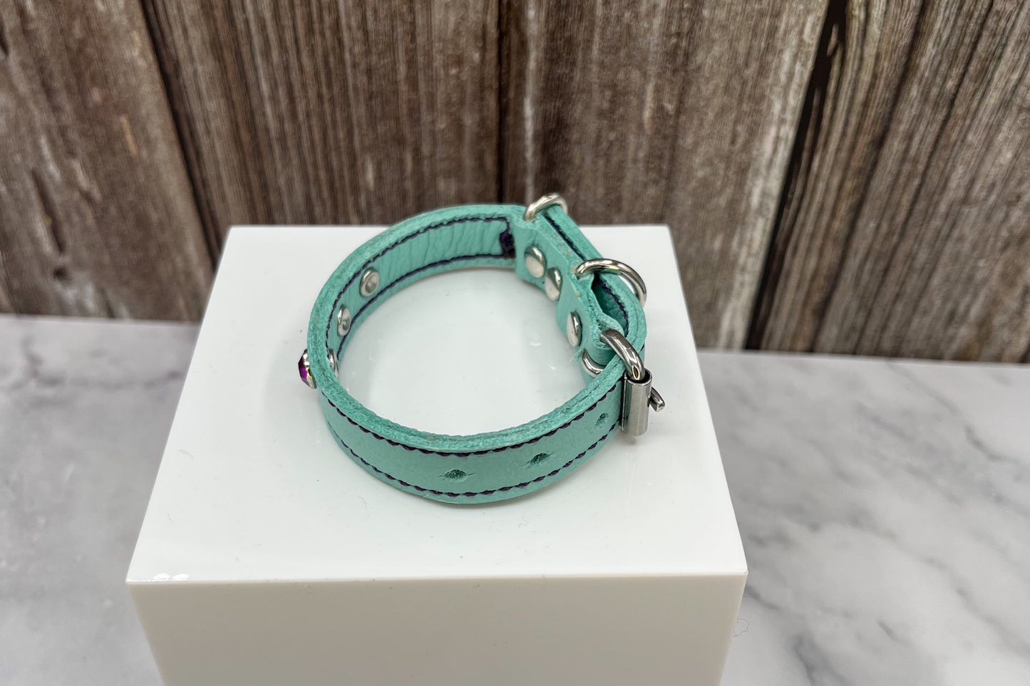 Extra Small Aqua Green Leather Collar with Violet gem rivets
