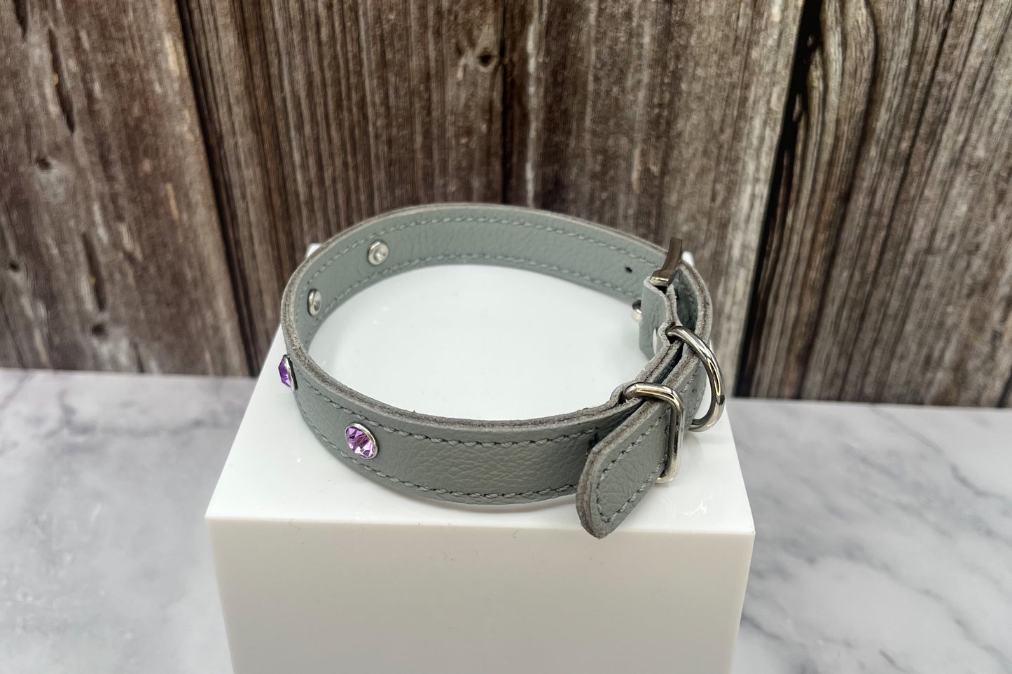 Grey Leather Collar with Lilac Gem Rivets