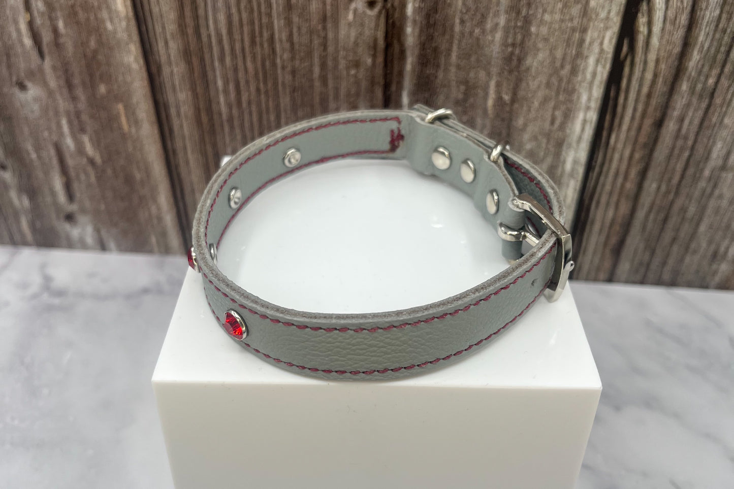 Grey Leather Collar wtih Red Gem Rivets