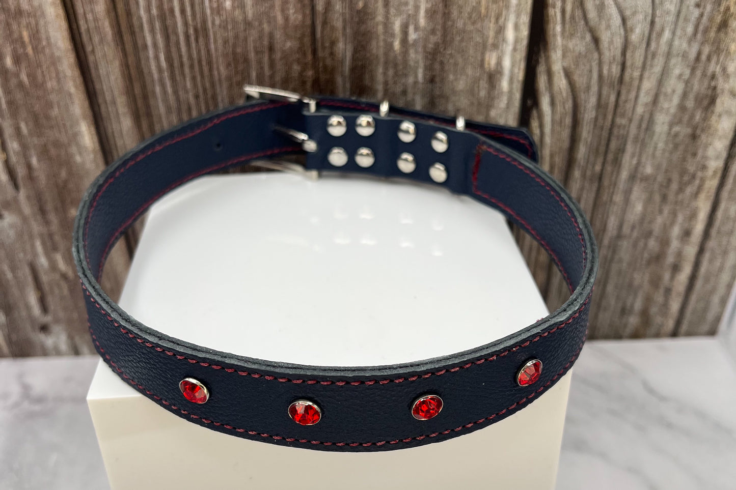 Large Navy Blue Leather Collar with Red Gem rivets