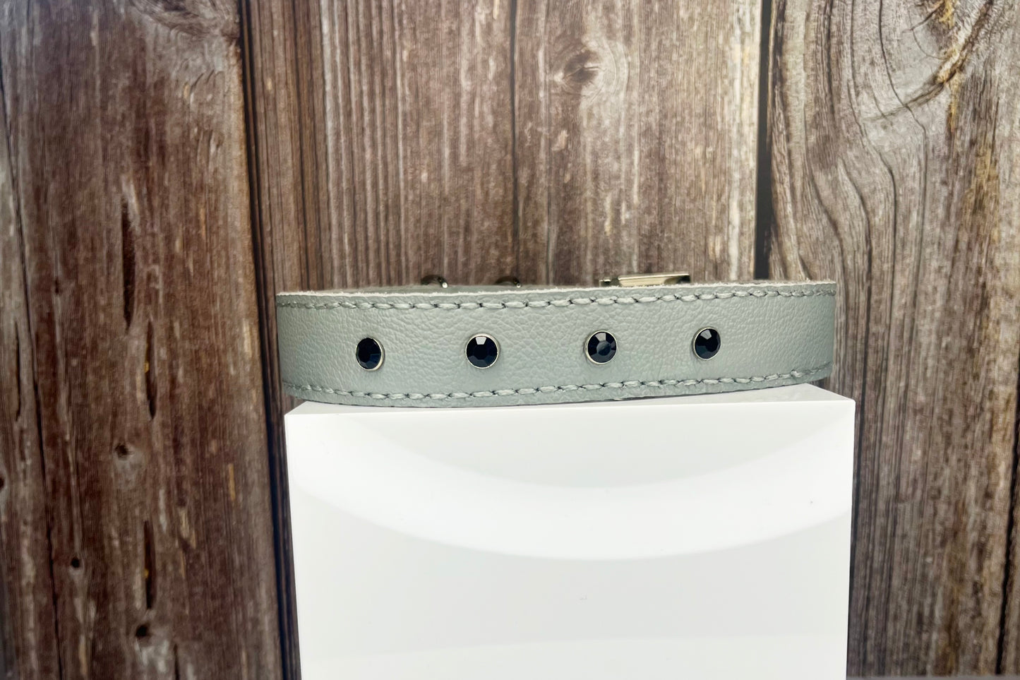 Large Grey Leather Collar with Black Diamante