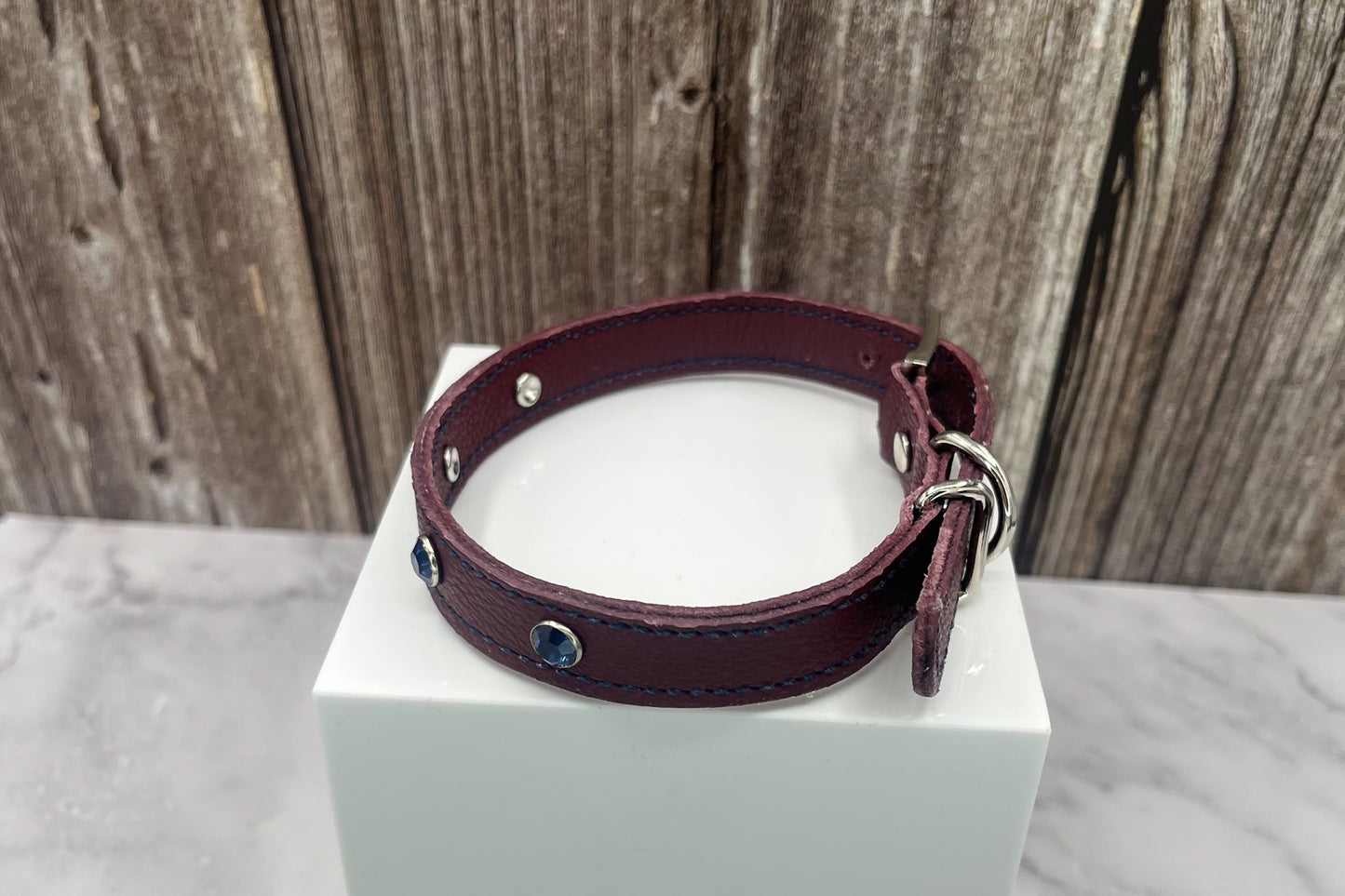 Red Leather Collar with Midnight Blue Gem Rivets