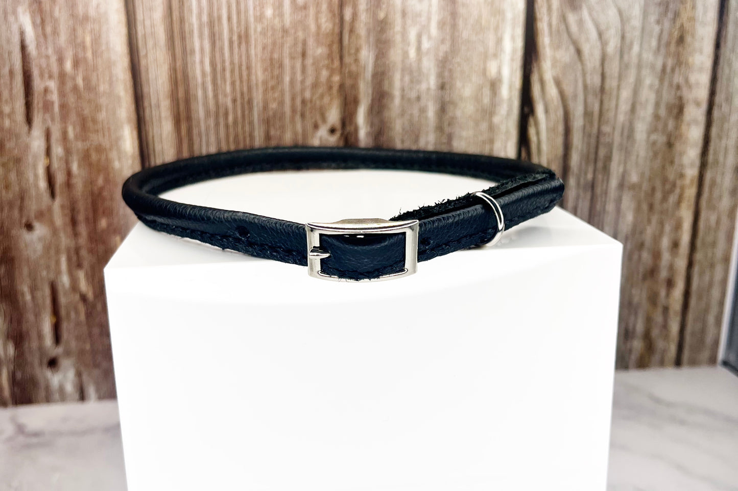 Thin Rolled Black Leather Dog Collar