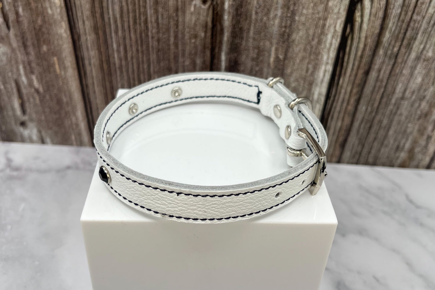 White Leather Collar with Black Rivets