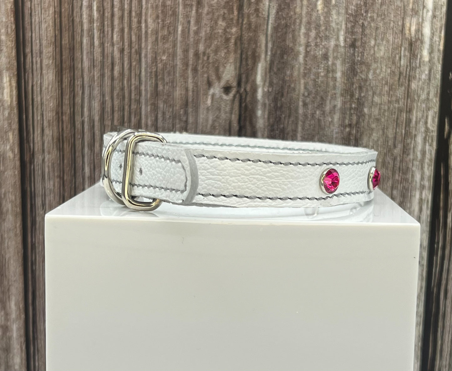 White Leather Collar with Hot Pink Rivets